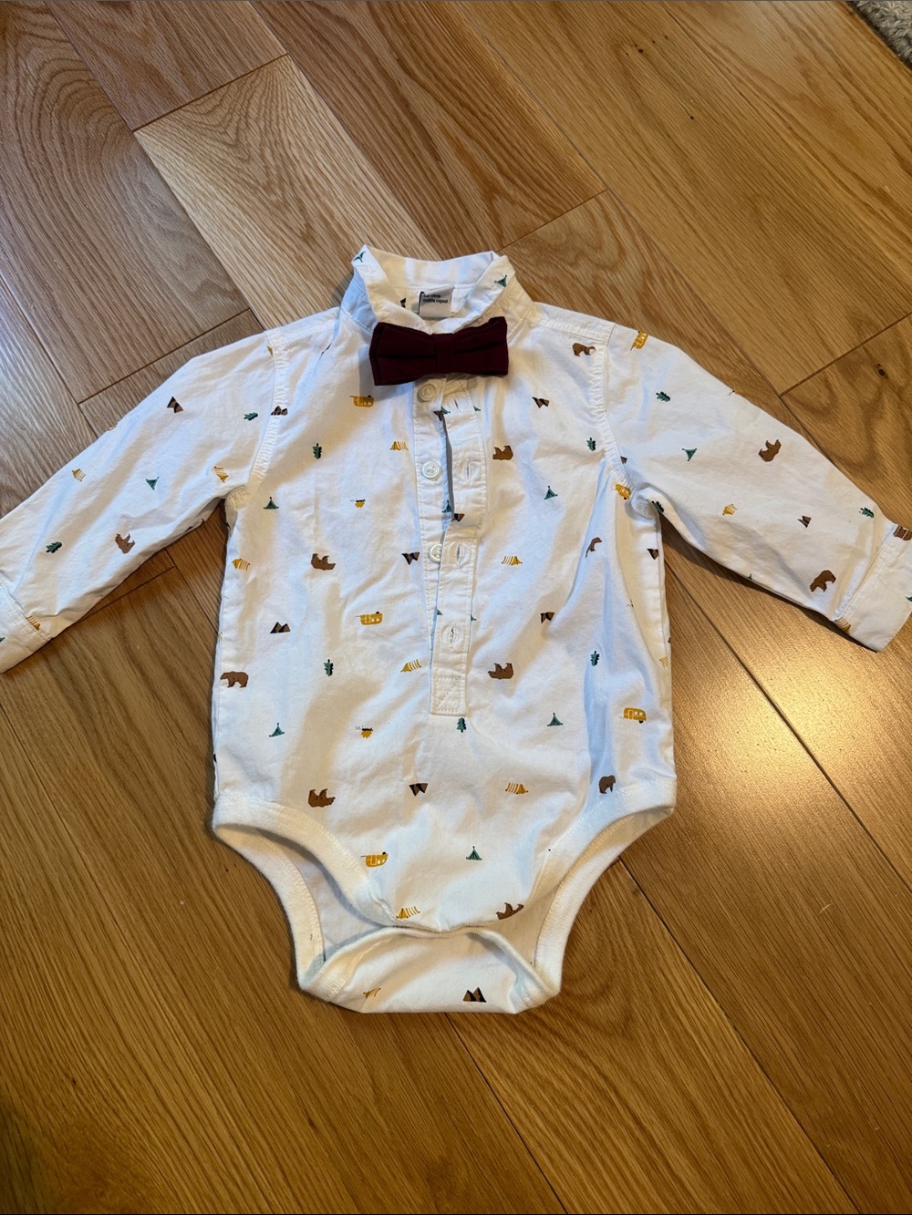 Old Navy White Button-Up Onesie with Burgundy Bow Tie